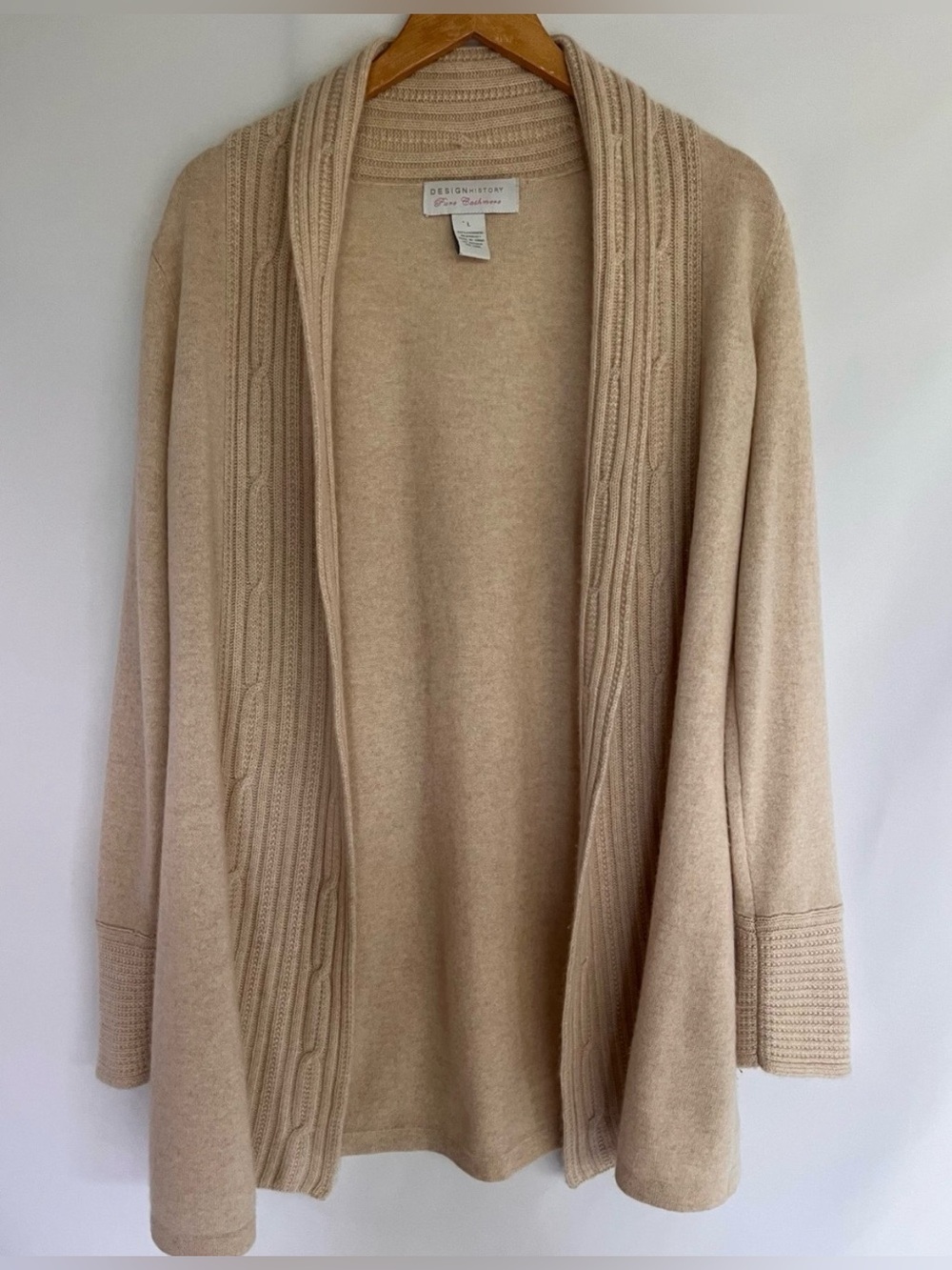 Design History 100%  Cashmere Oatmeal Beige Long Line Open Front Cardigan L